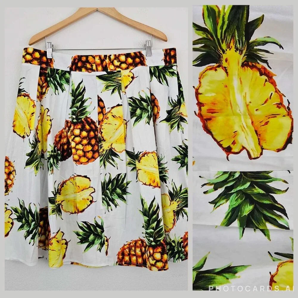 Womens Sz 3X Tropical Pineapple Print Pleated Swing Skirt Cotton Blend Retro NWT